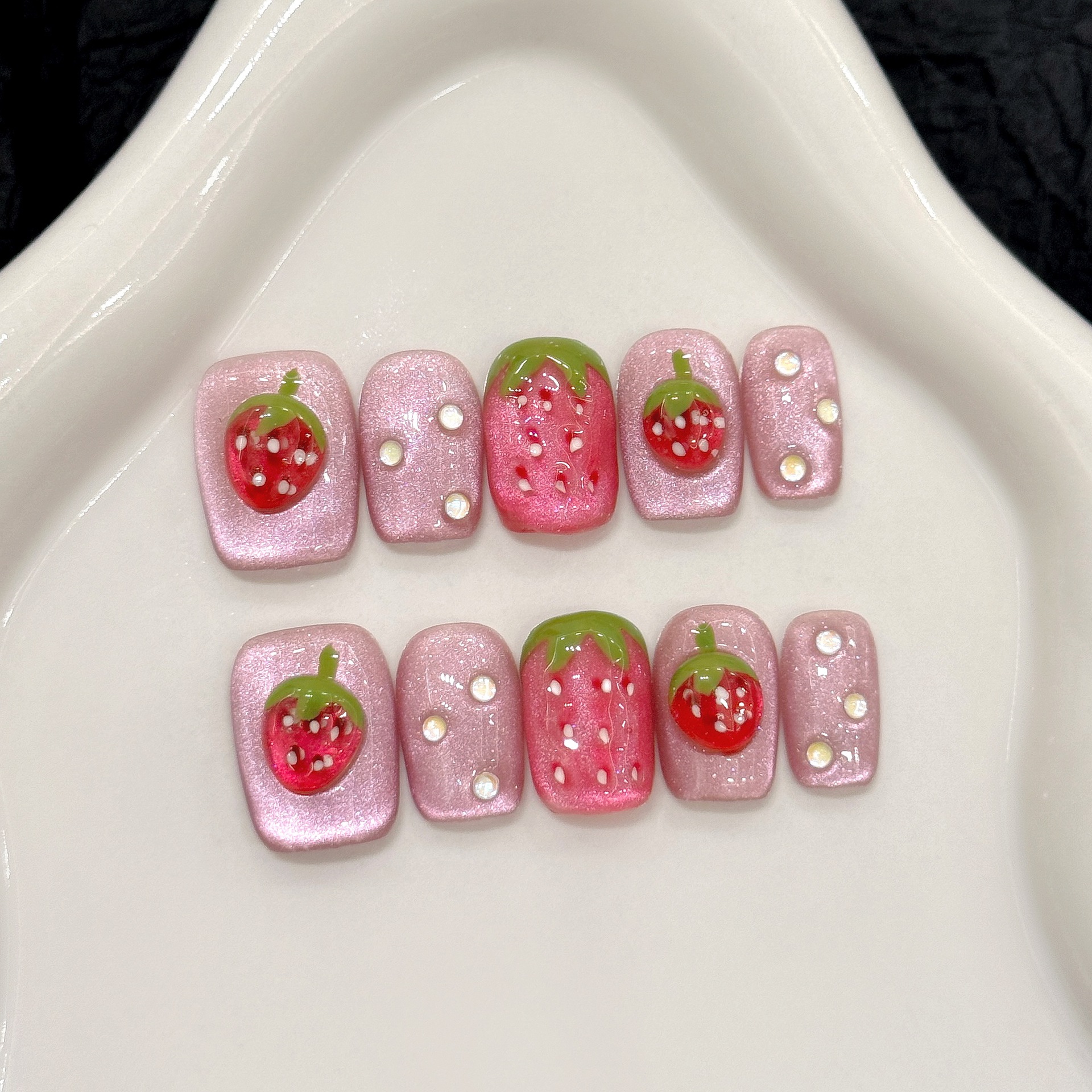 Nail Art Pink Cat Eye - 10pcs Handmade Press on Nails 3D