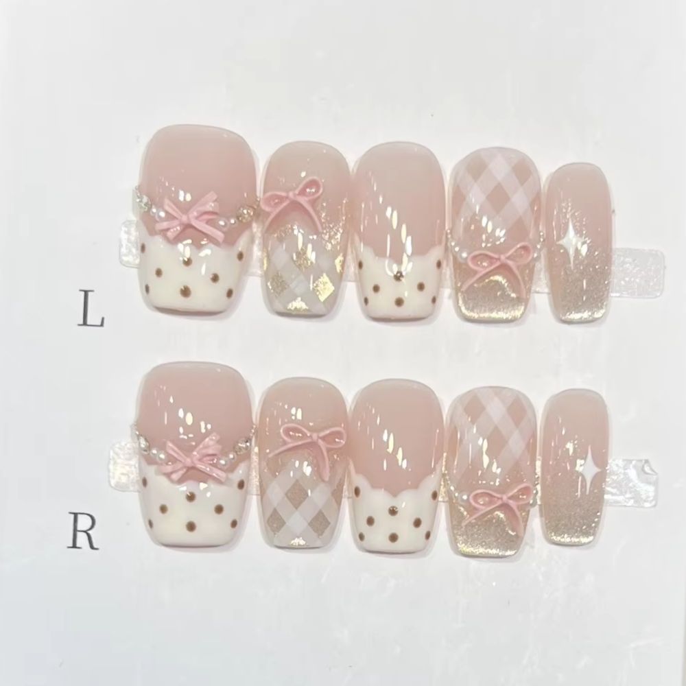 Nail Art Pink Cat Eye - 10Pcs Sweet Mid-length Ballet False Nails