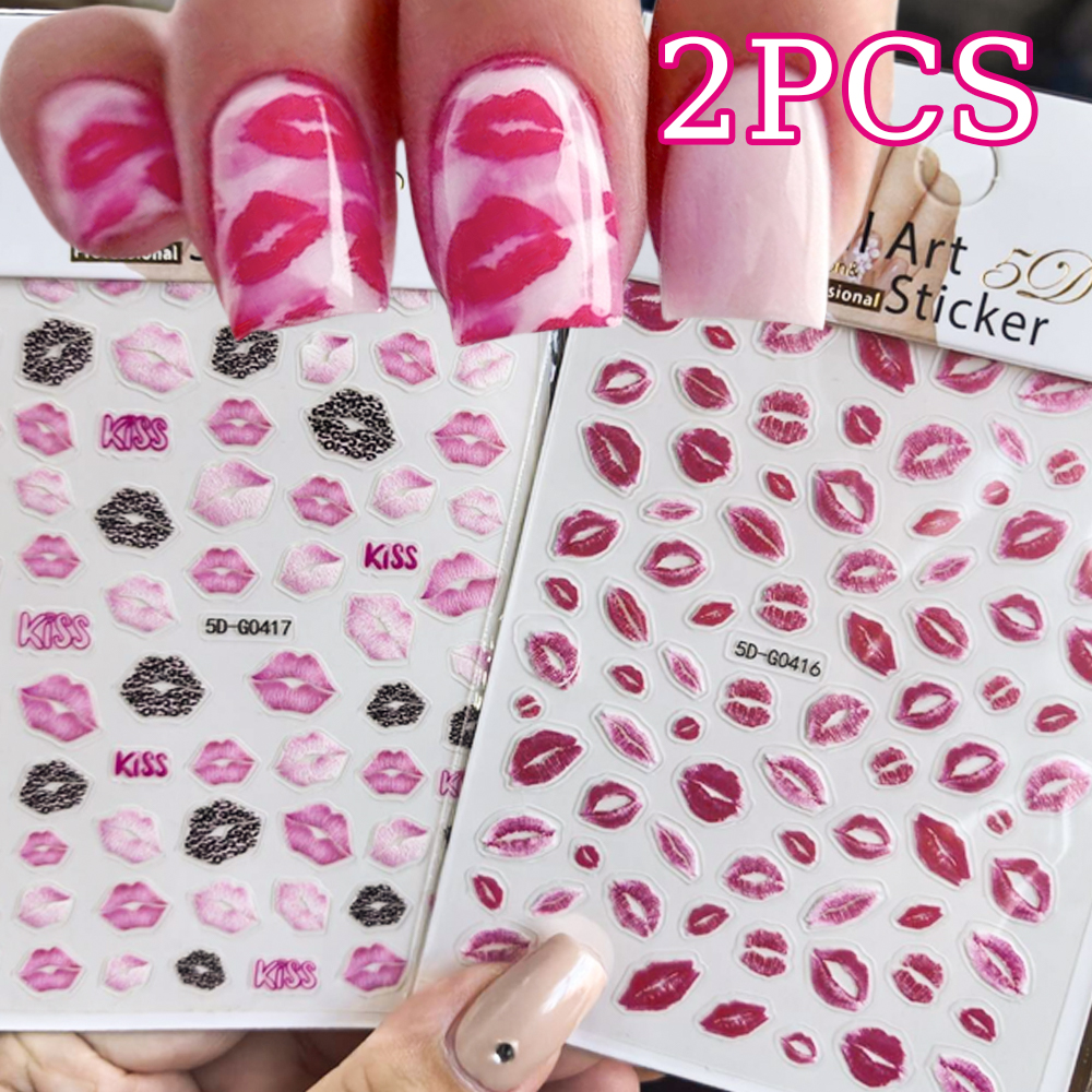 Nail Art Valentines Day - 2pcs Valentines 3D Red Lips Print