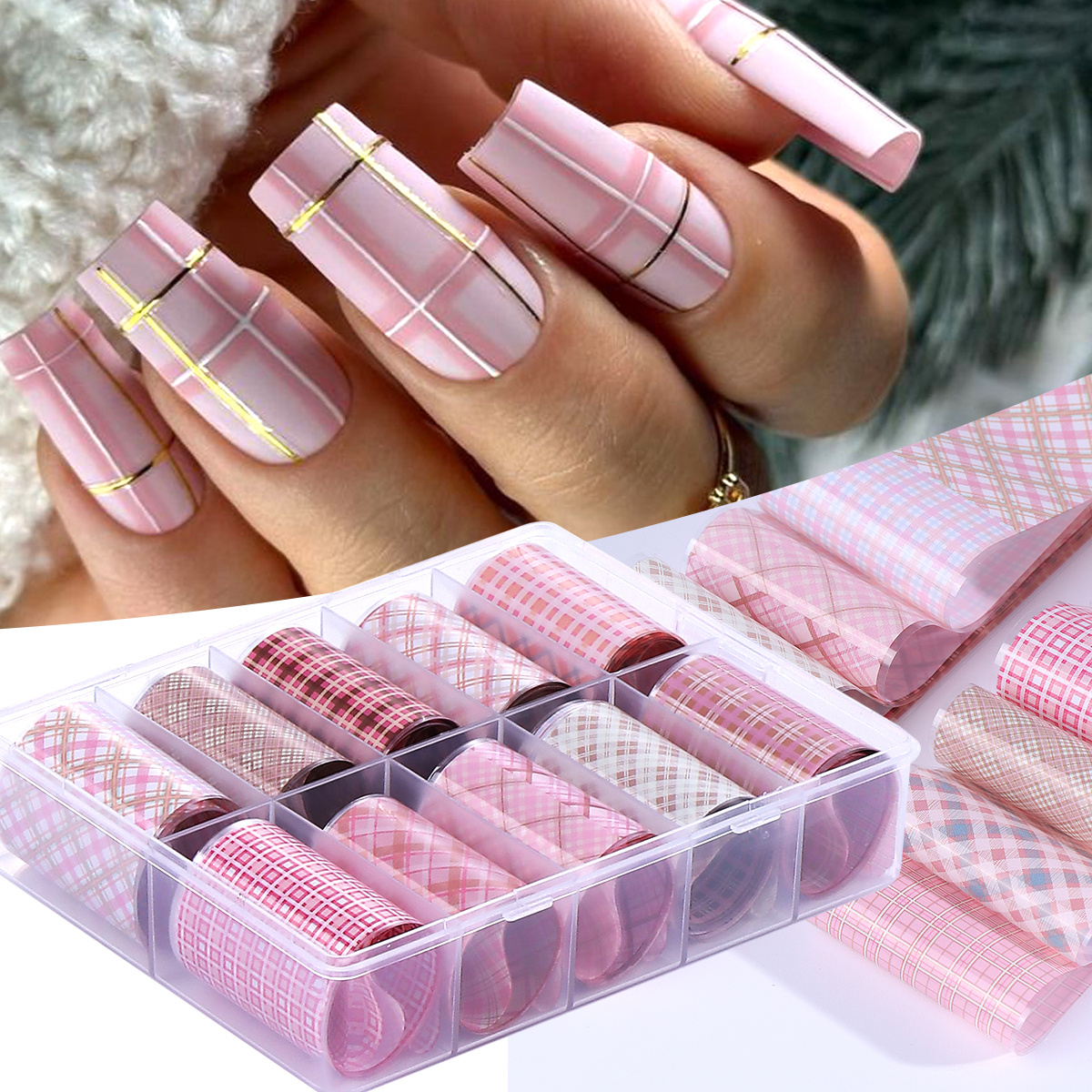 10 Rolls/Box Pink Plaid Design - Nail Art Valentines Day reseña y precio