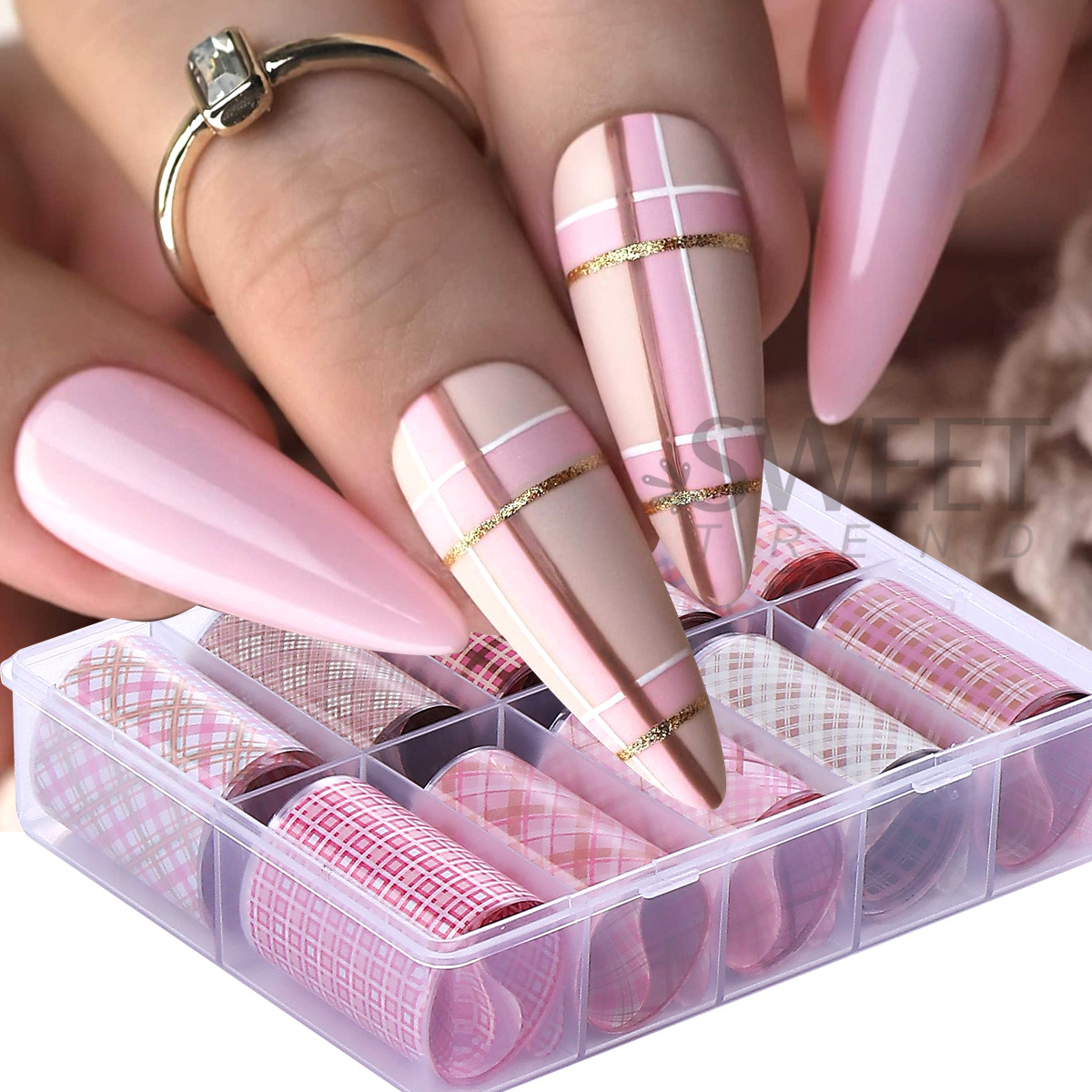 10 Rolls/Box Pink Plaid Design - Nail Art Valentines Day reseña y precio