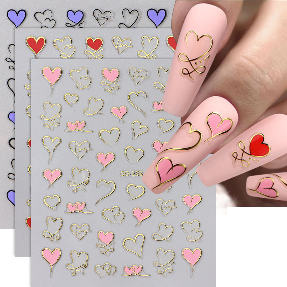 3pcs Y2K Gold Wave Line Heart  - Nail Art Valentines Day reseña y precio