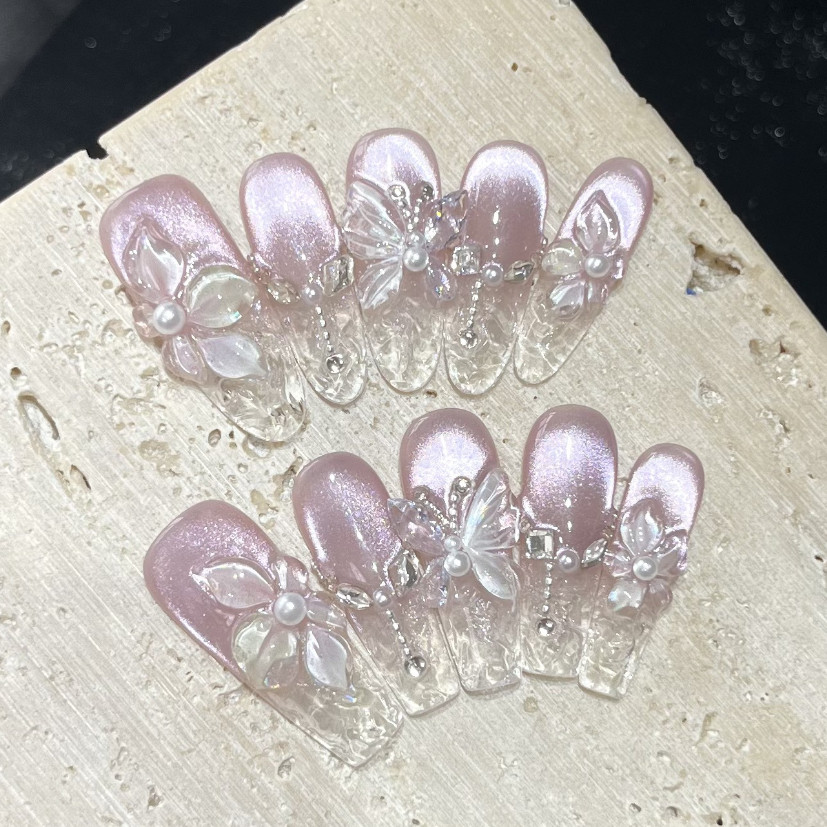 Spring 3D Bauhinia Flower Hand - Nail Art Pink Cat Eye reseña y precio