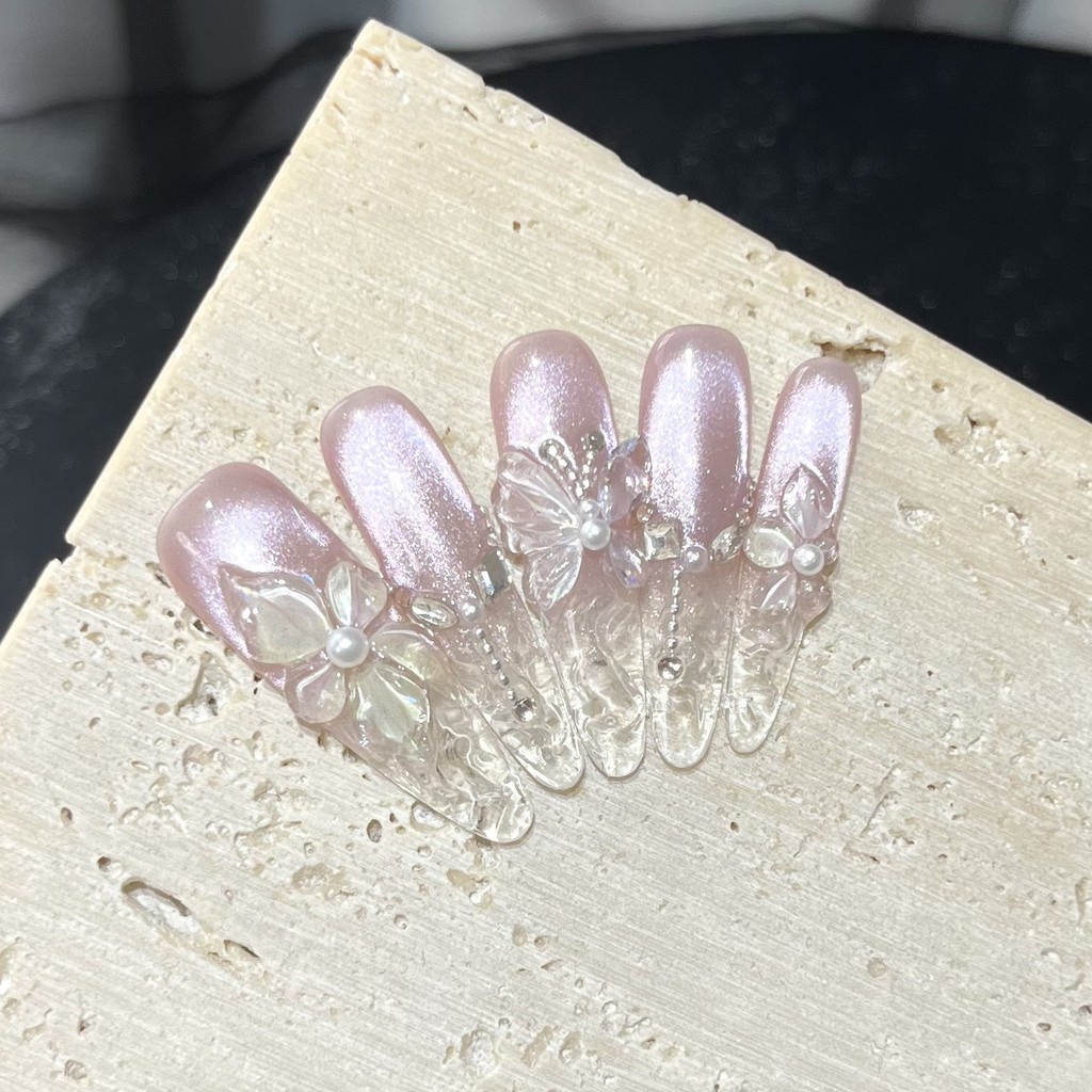 Spring 3D Bauhinia Flower Hand - Nail Art Pink Cat Eye reseña y precio